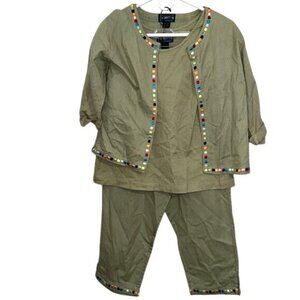 Vintage Womens 3-Piece Olive Green Cotton Ensemble With Beaded Trim